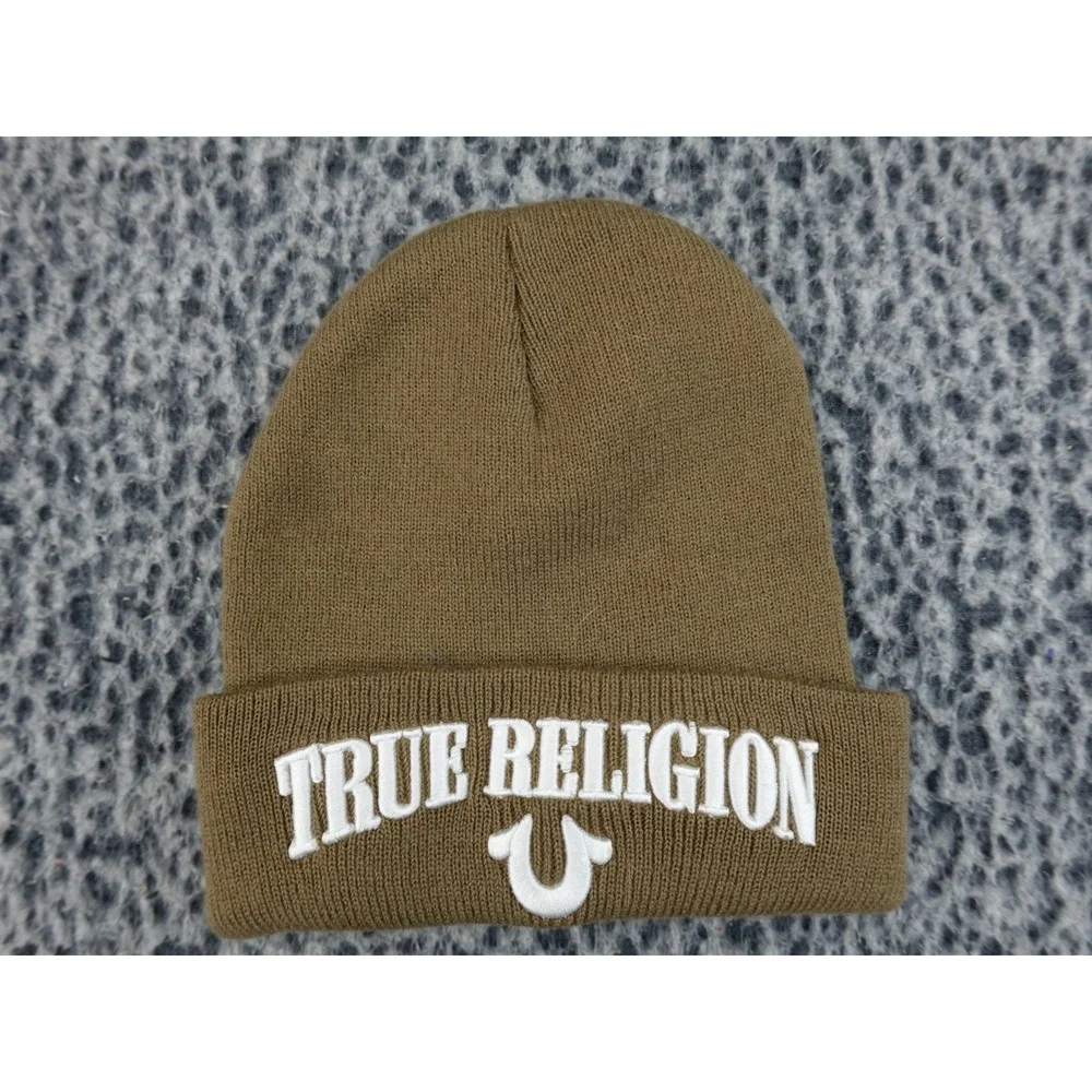 True Religion Beanie Hat Olive Brown White Embroidered Horseshoe Logo Cuffed‎ OS